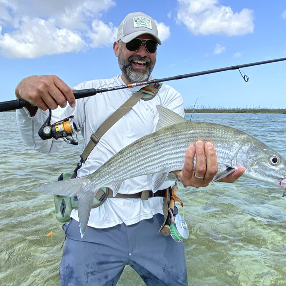 Rise fishing co fly fishing trip to Bahamas bonefish with a travel spinning rod
