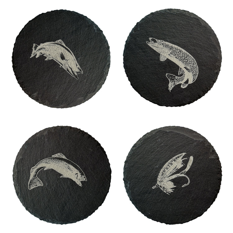A set of four round coasters with a fish illustration, placed on a dark surface.