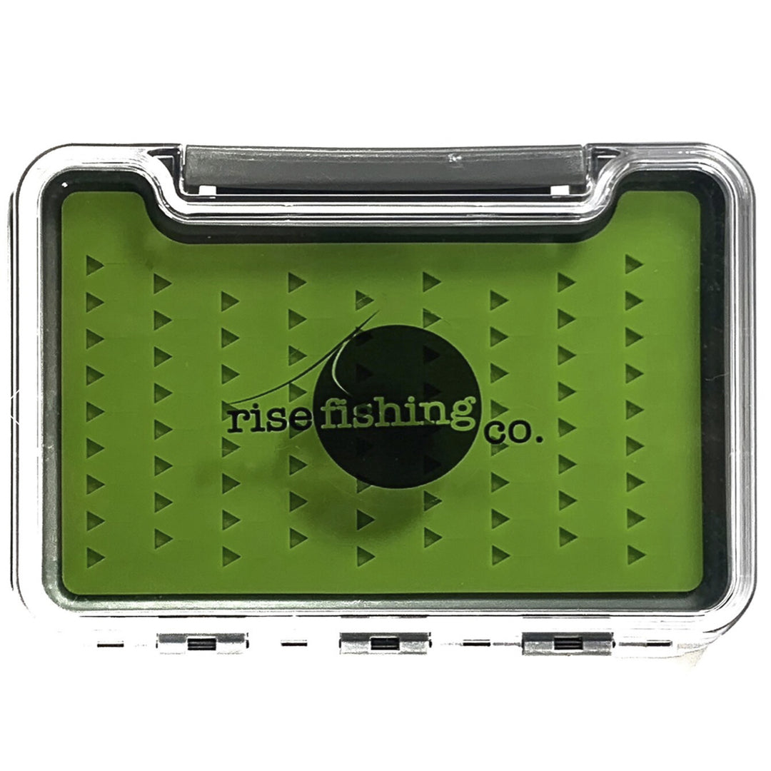 A green nymph fly box with the Rise Fishing Co. logo, designed to hold fishing nymphs or dry flies, with a clear silicone insert.