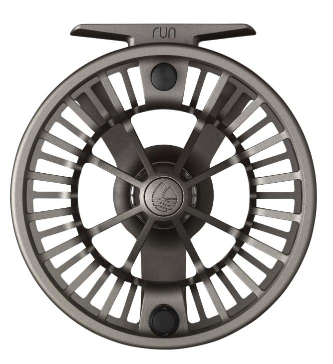 Fishing reel with 'run' branding on a white background