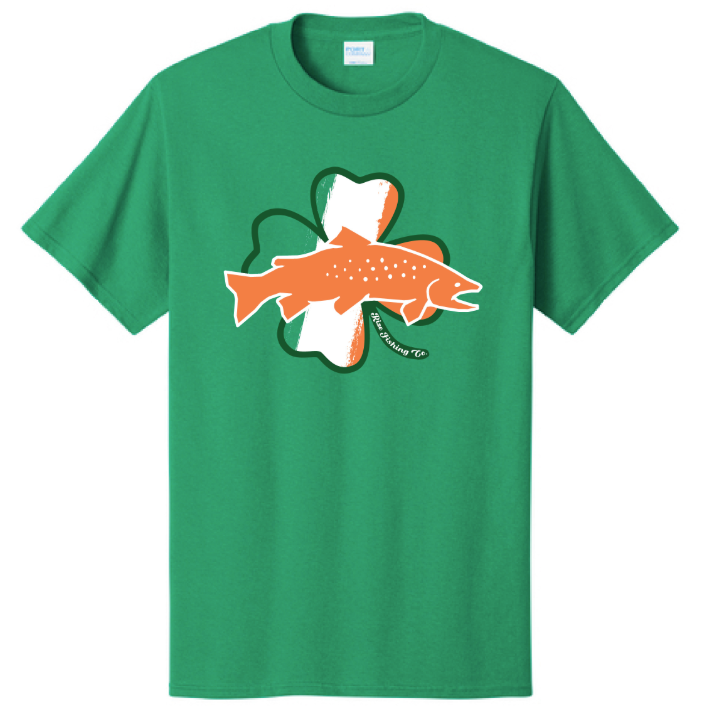 Green t-shirt with an orange fish and Shamrock design on a white background