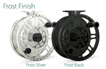 Two fly fishing reels, one silver and one black, labeled 'Frost Finish'.