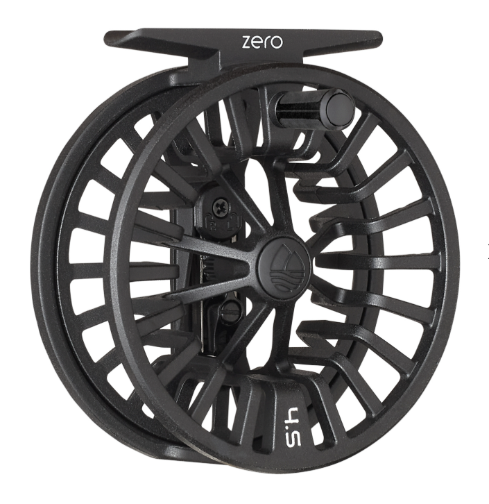 Black fishing reel with 'Zero' branding on a white background