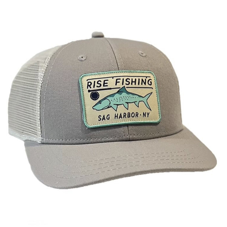 rise fishing co gray trucker hat with bonefish