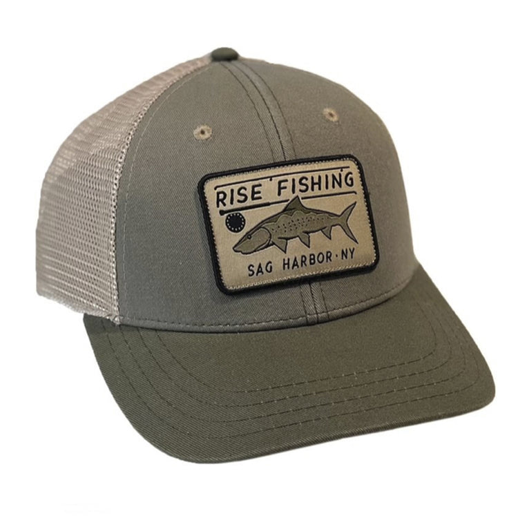 rise fishing co olive trucker hat with bonefish