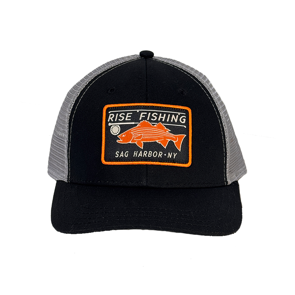 rise fishing co trucker hat with stripe bass black