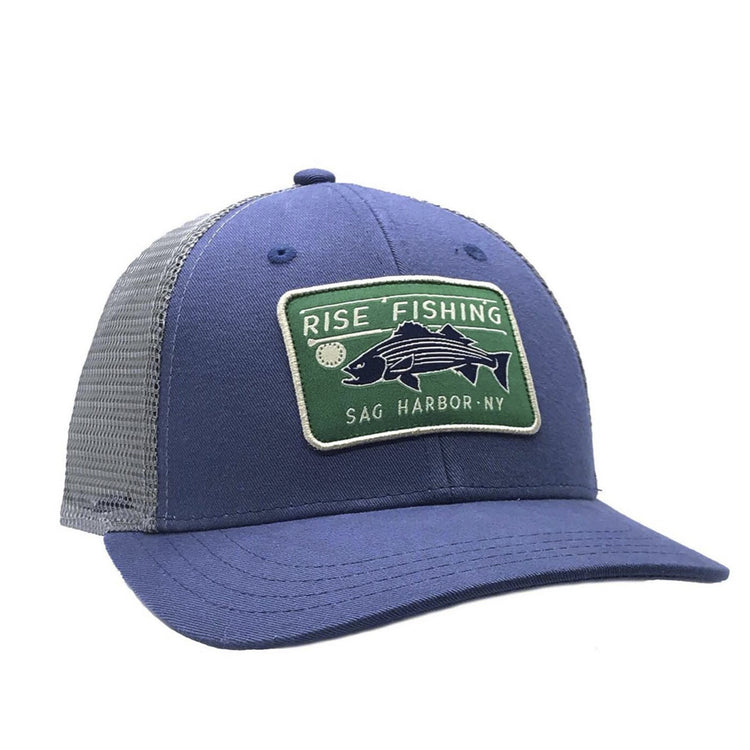 rise fishing co blue trucker hat with stripe bass