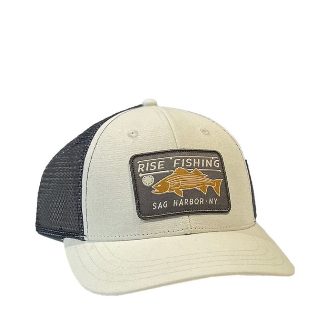 rise fishing co trucker hat with stripe bass 