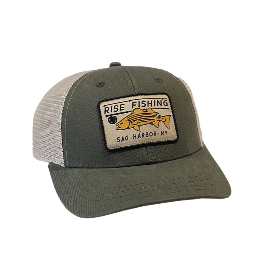 rise fishing co trucker hat with stripe bass olive