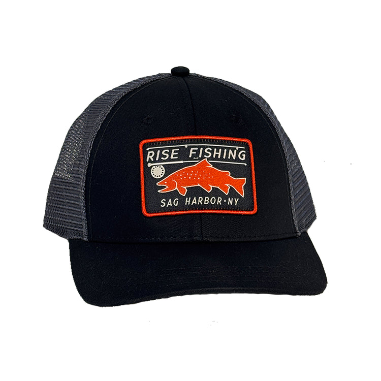 Rise fishing co black trucker hat with trout