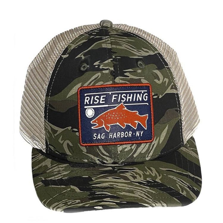 rise fishing co camo trucker hat with trout