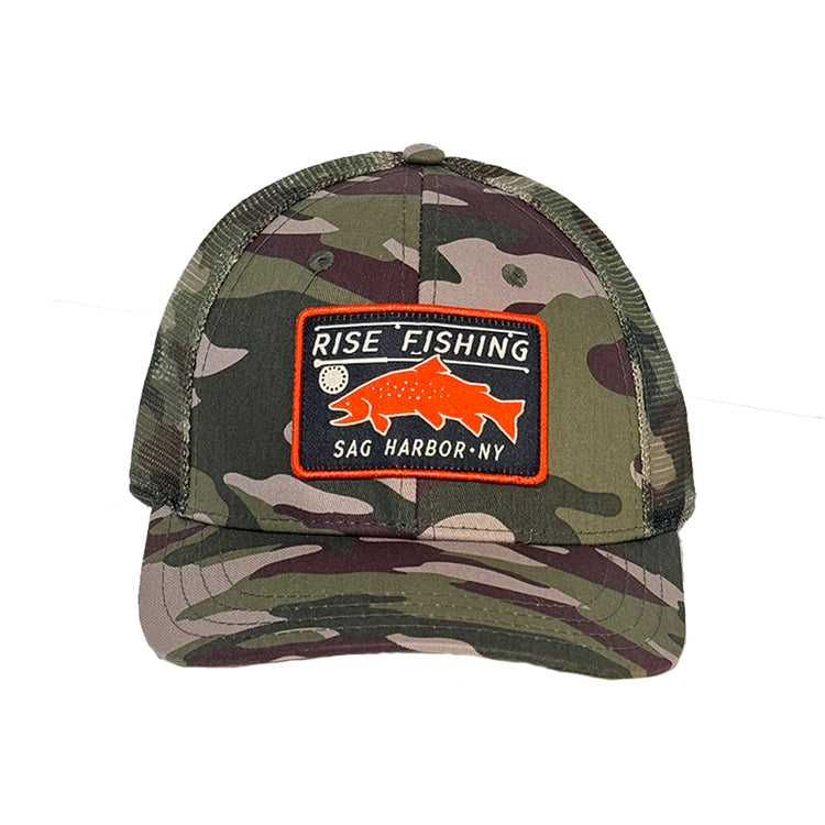 rise fishing co camo/camo trout trucker hat