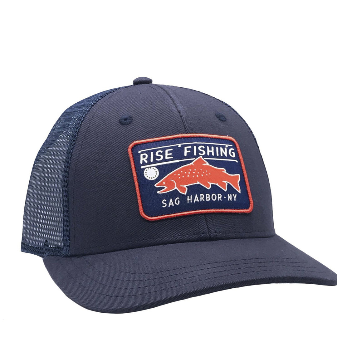 rise fishing co navy trout trucker hat